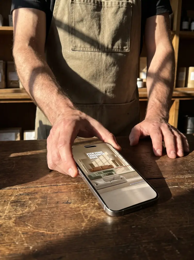 A shopkeeper's hands slide a phone across a worn wooden counter, the screen asking which sofa you like