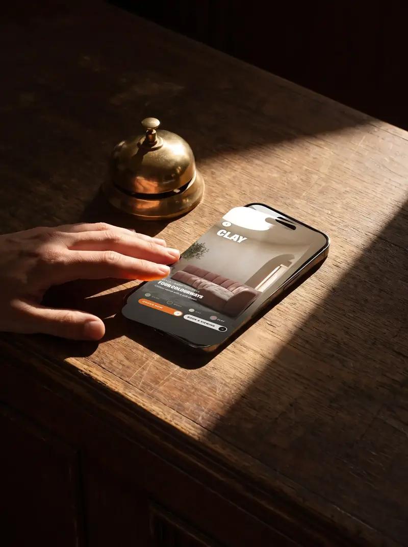 A phone on a dark shop counter beside a brass bell, lit by one shaft of sun, showing a sofa colour picker