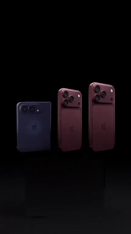 Three iPhones standing side by side on a black stage at the start of the iPhone demo.