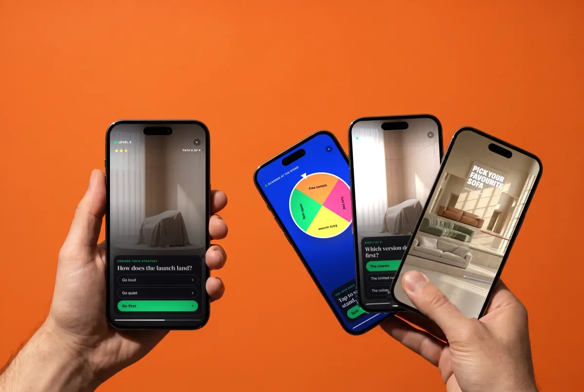 One hand holds a phone with a launch game, the other fans three: a spin to win, a launch question and a sofa picker