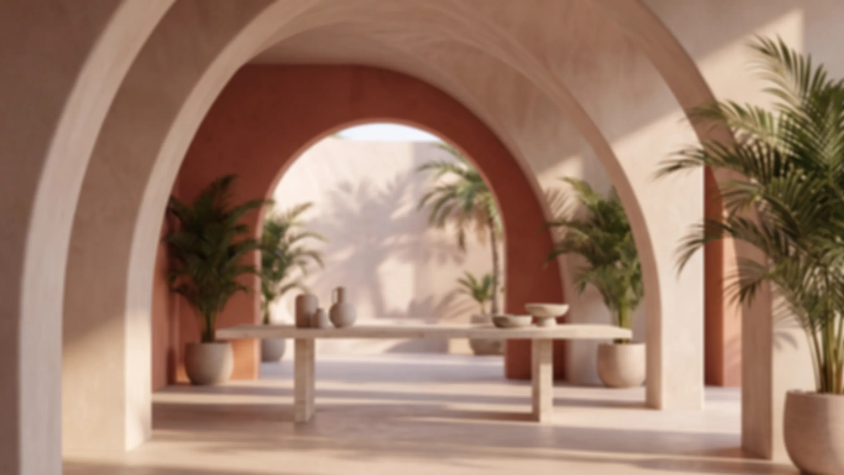 A hand holds a phone showing terracotta arches and palms, with the same arched hall behind it.