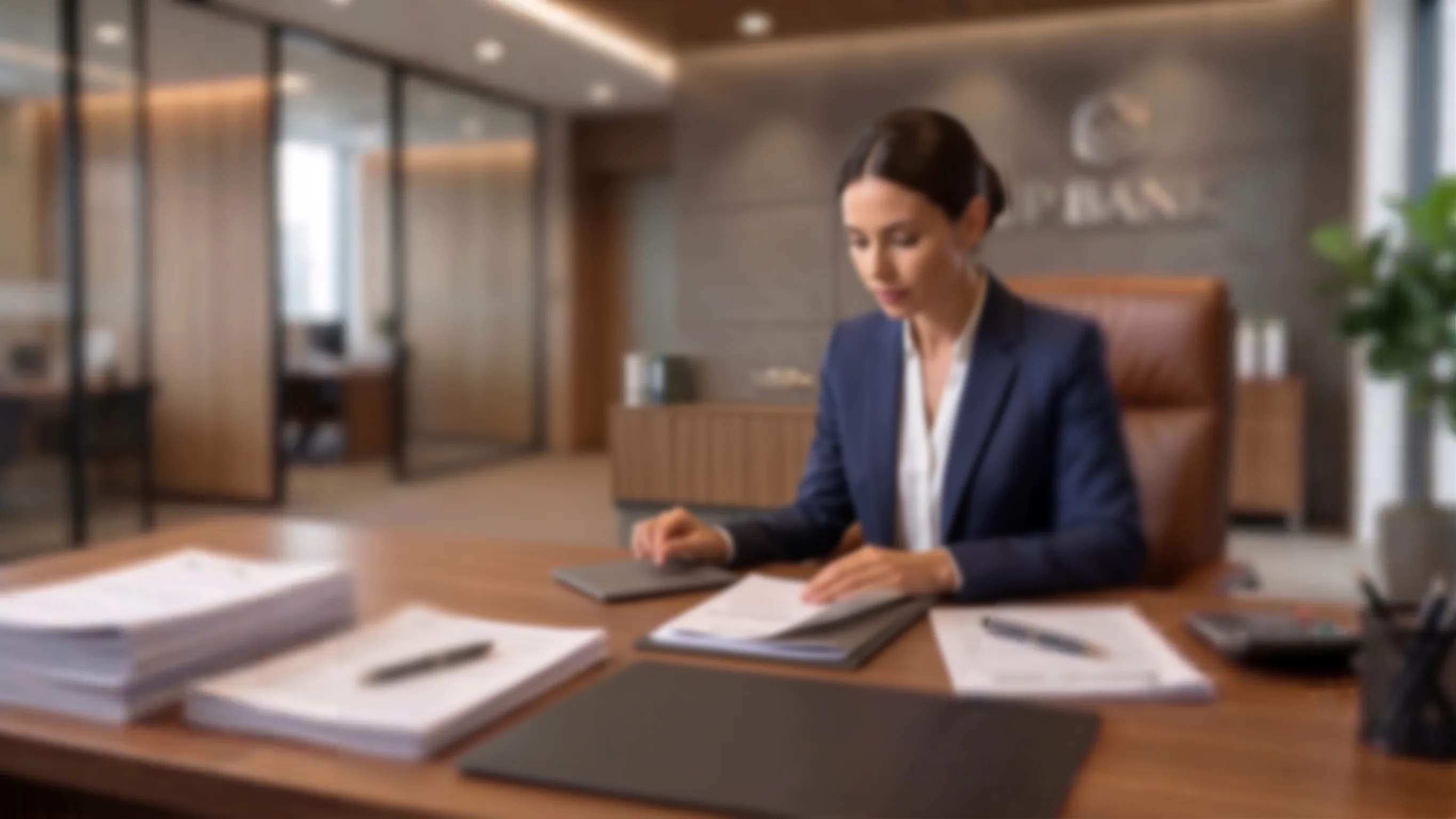 A hand holds a phone showing a woman going through papers at her desk, with the same office behind it.