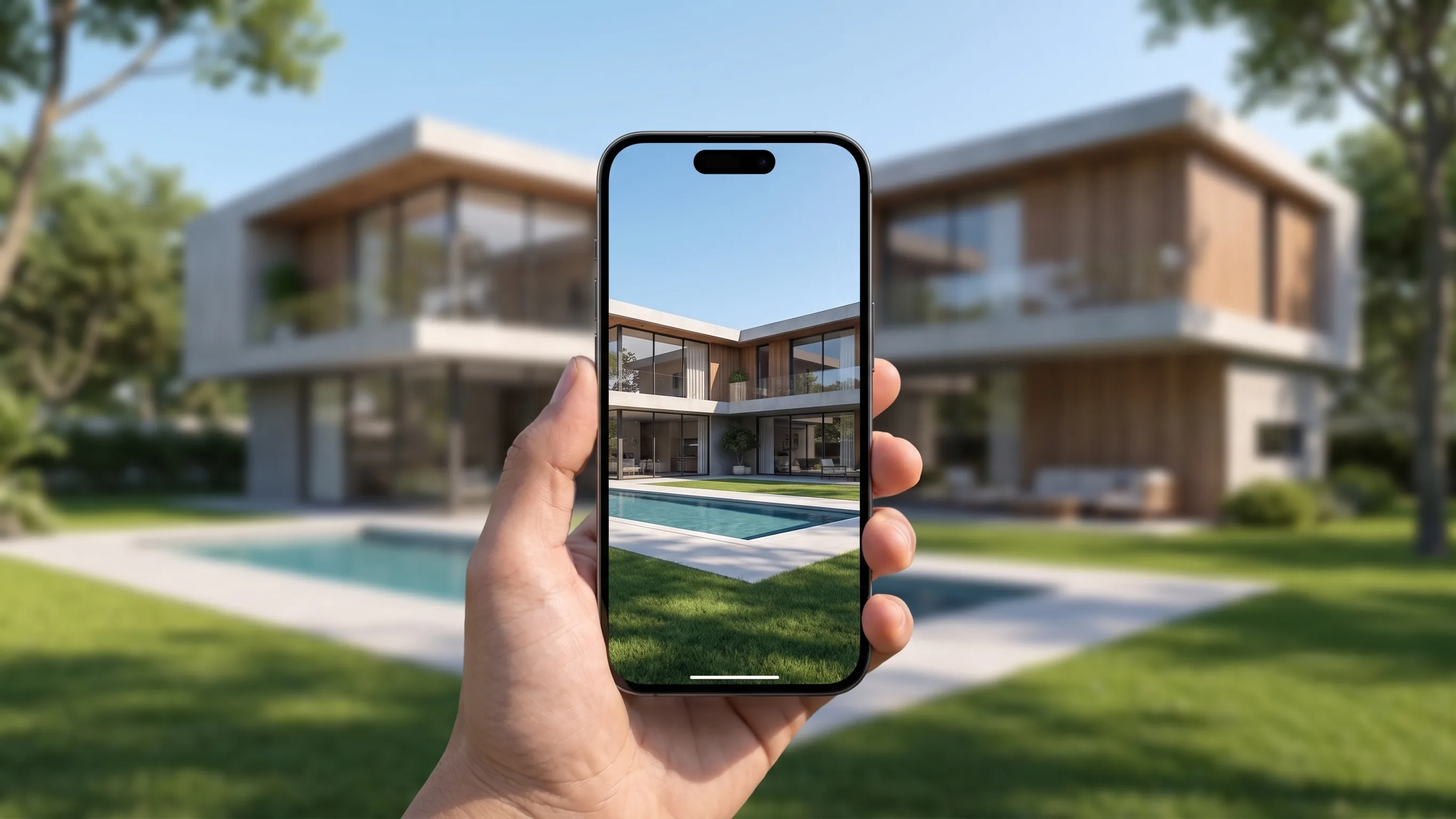 A hand holds a phone playing a tour of a modern villa, with the villa and its pool behind it.