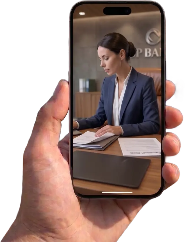A hand holds a phone showing the adviser at work, the start of an investor video.