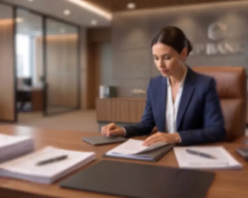 A bank office with an adviser at her desk, in soft focus.