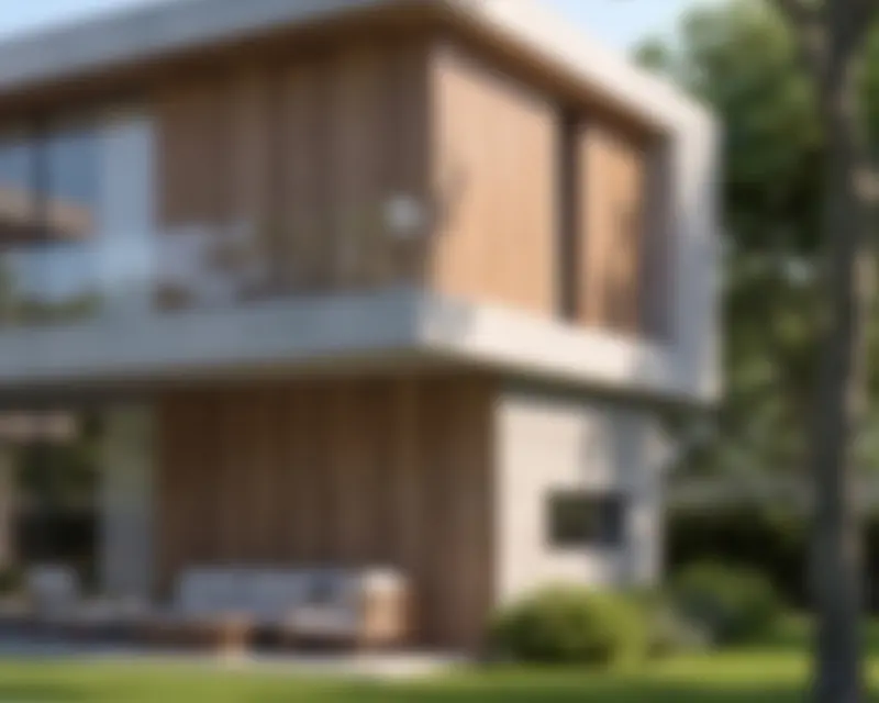A modern villa with a pool and a lawn, in soft focus.