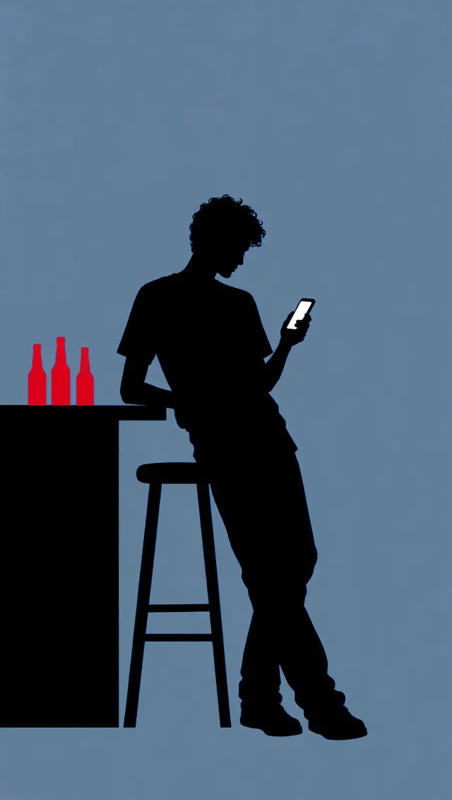 Illustration: a silhouette of a person leaning on a bar, looking at their phone.