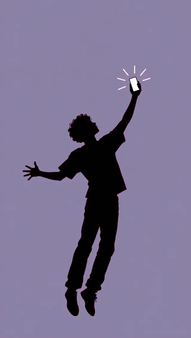 Illustration: a silhouette of a person holding their phone up high.