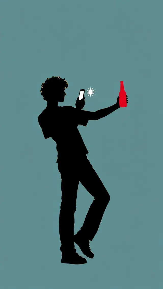 Illustration: a silhouette of a person taking a photo of a red bottle with their phone.