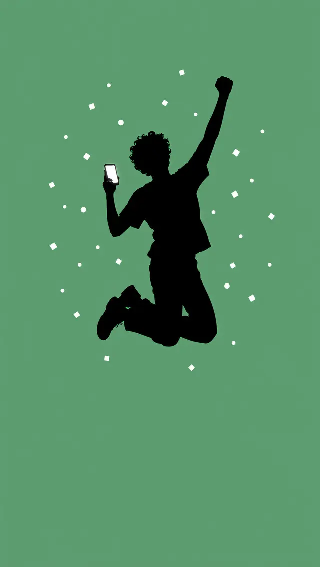 Illustration: a silhouette of a person jumping for joy with their phone in hand.